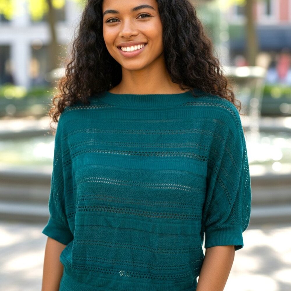 (B-61)Express Women’s XS‎ Green Open Knit Sweater Short Sleeve 100% Rayon Lightw